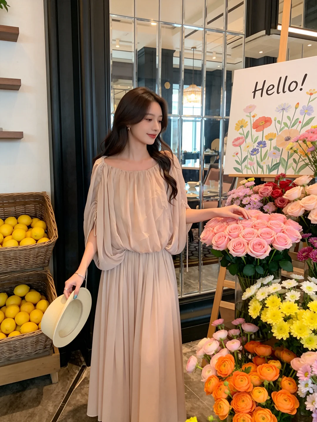 

Elegant Lazy Style Pleated Batwing Sleeve Top And Half Skirt Two Piece Set for Women Spring Season Versatile High Waist Breat...