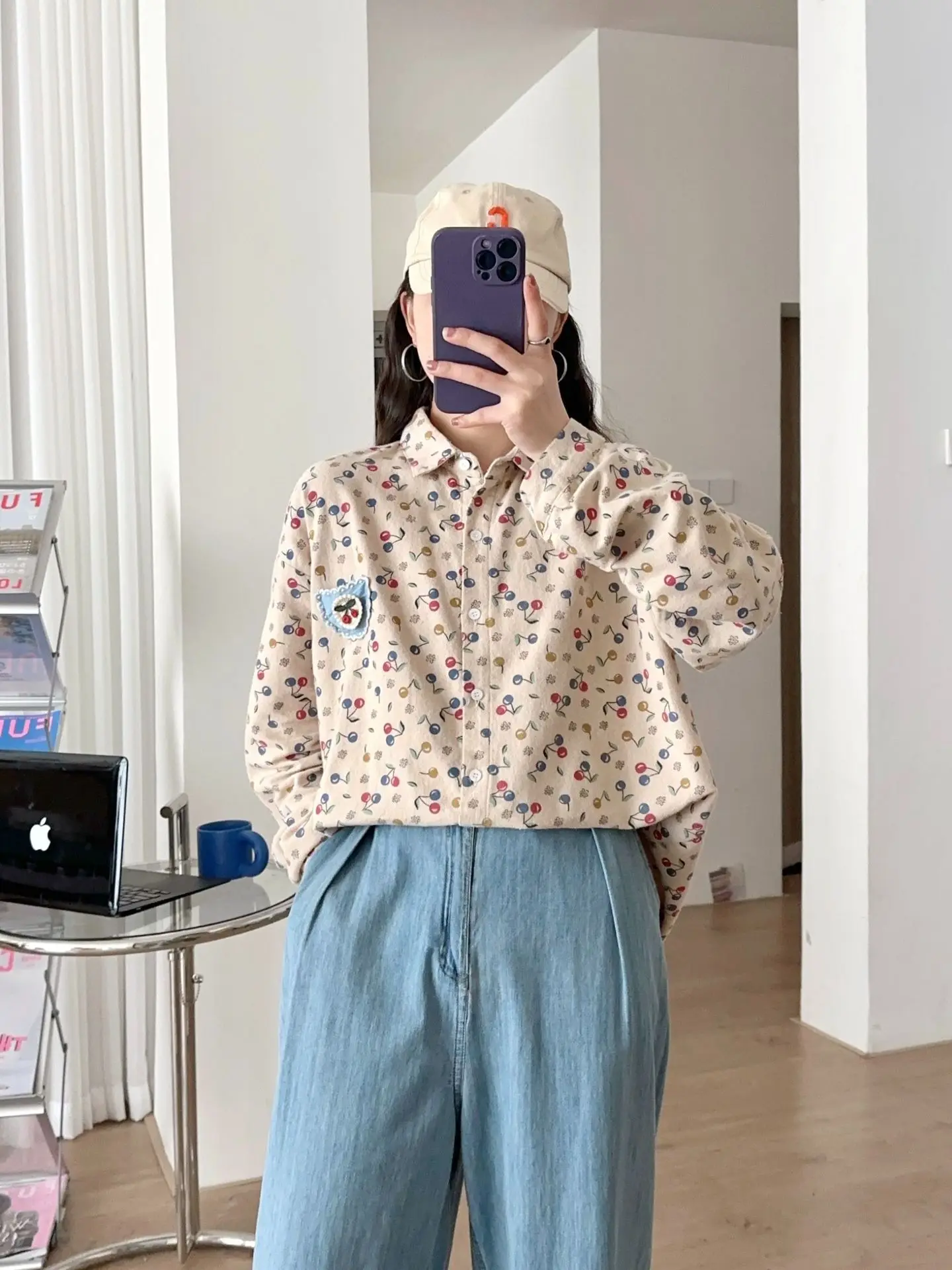 Nowa koszula z długim rękawem z bawełny na jesień 2025, damska koszula z kołnierzykiem i nadrukiem, styl Mori Girl, słodka, luźna bluzka do pracy T5O086CC