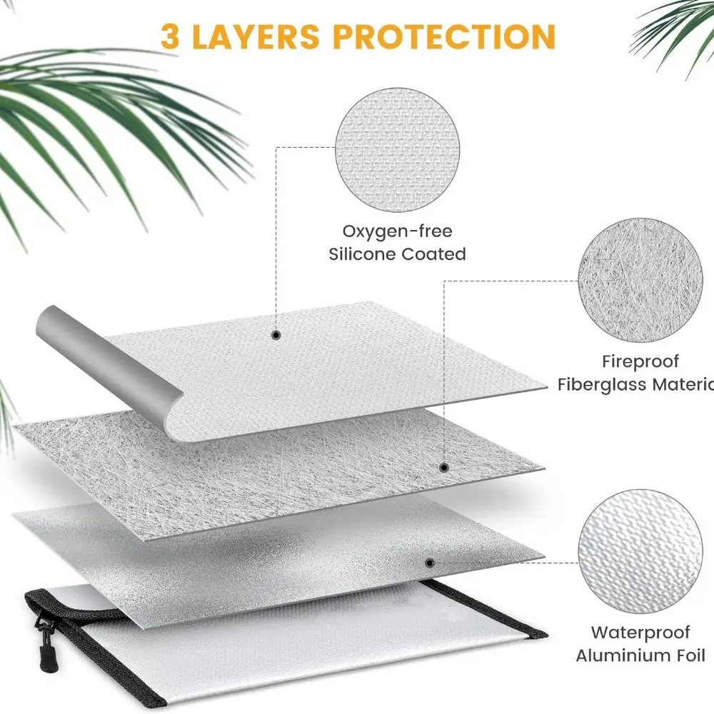 Zipper Closure Fireproof Document Bag Waterproof Portable Cash Safe Storage Pouch Space Saving with Sticky Strip