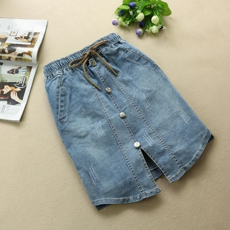 High Waist Denim Skirt Sexy Women Summer Vintage Casual Bodycon Hip Split Jeans Skirt Front Button Female Ladies Falda Jupe