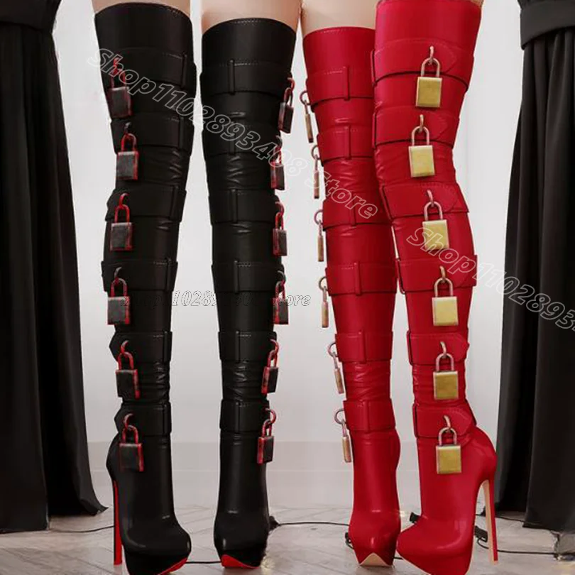 Botas de plataforma con decoración de bloqueo rojo, hebilla de cinturón de cuero con punta redonda, diseño de otoño para Mujer, botas por encima de la rodilla, 2024