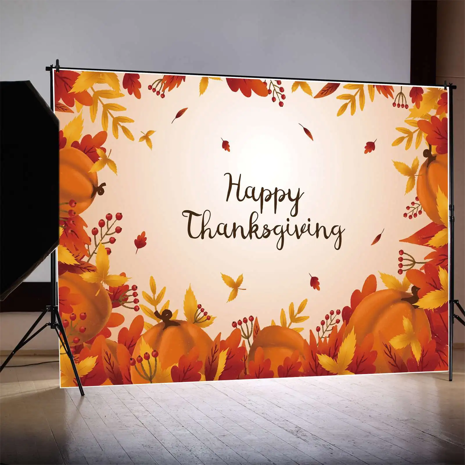 MOON.QG Backdrop Happy Thanksgiving Pumpkin Maple Leaves Party Frame Background Customized Autumn Decoration Photo Booth Banner