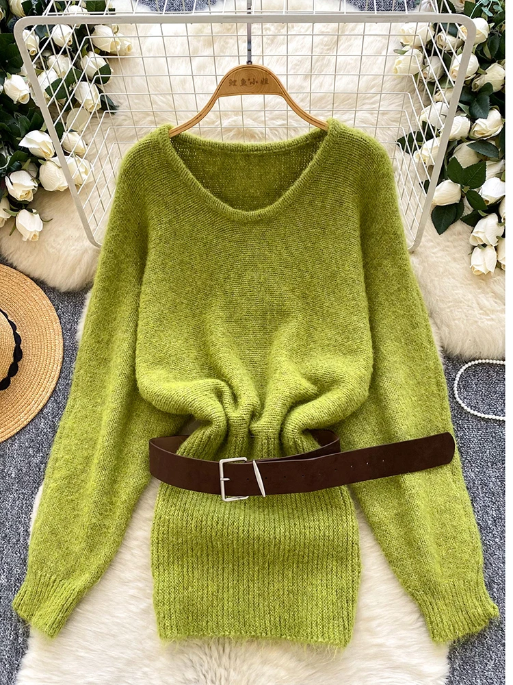 

Women Knitted Sweater Dress with Sashes Autumn Winter O-neck Long-sleeved Elastic Solid Mini Female Tube Bandage Vestidos DS228