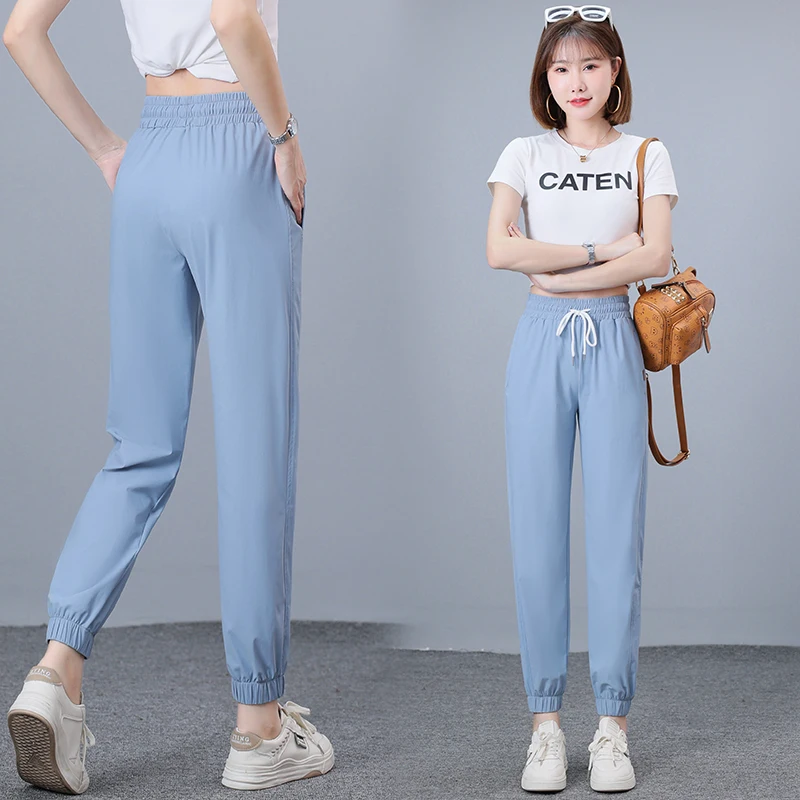 New Women'S Summer Thin Quick Drying Ice Silk Fashion Versatile 9-Point Trousers Korean Version Breathable Casual Sports Pants