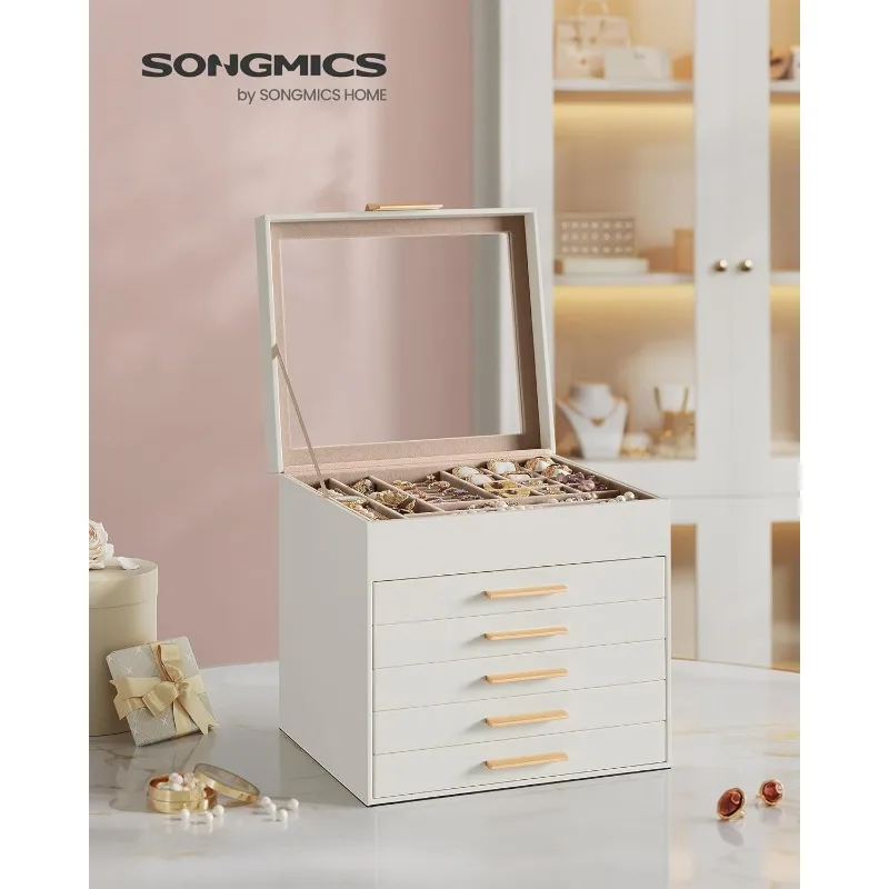 SONGMICS Jewelry Box with Glass Lid, 6-Layer Jewelry Organizer, 5 Drawers, for Big and Small Jewelry, Storage,8 x 9.1 x 9 Inches