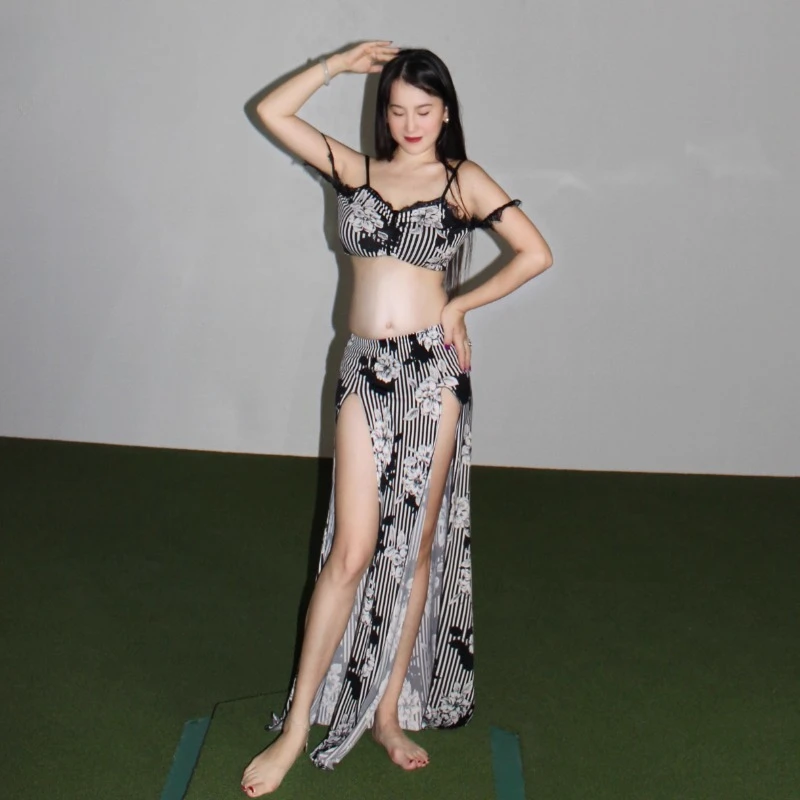 Customized Belly Dance Costumes Beginner Sexy Long Skirt Plus Size Performance Suit Striped Practice Suit Set Lace