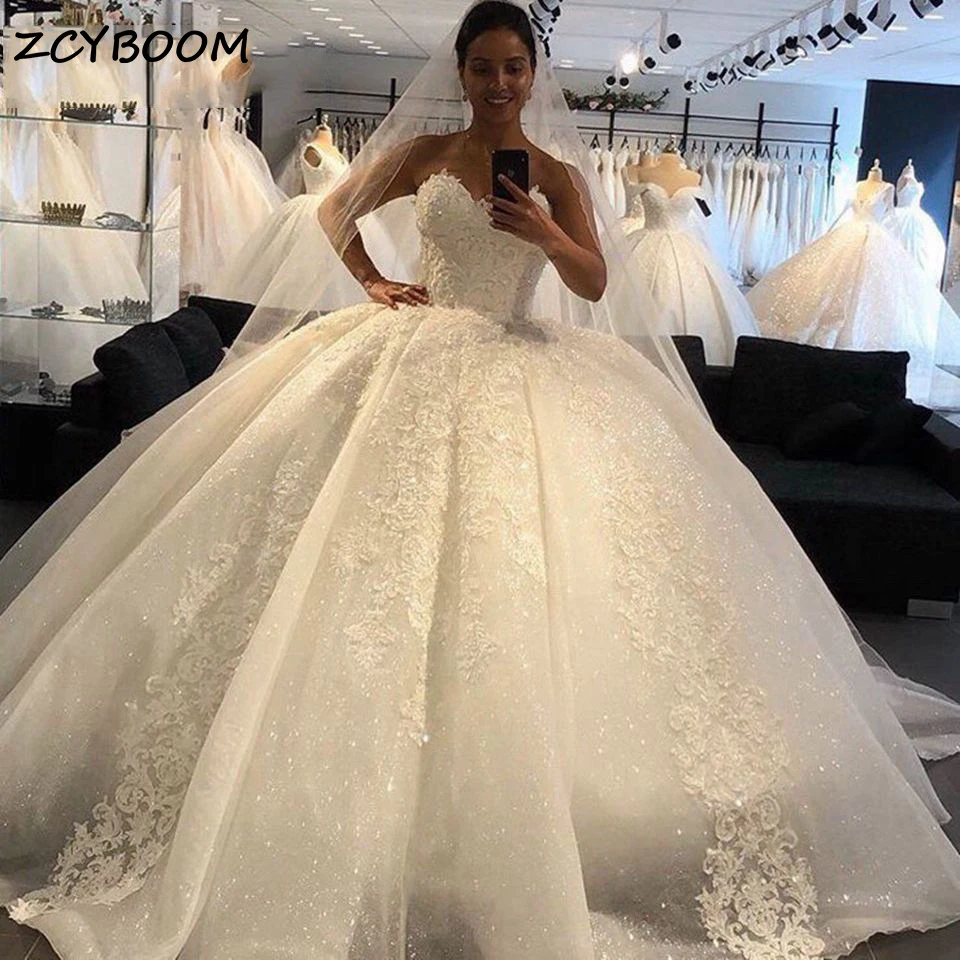 

Lucury Sweetheart Sparkly Tulle Wedding Dress 2023 Princess Ball Gown Lace Applique Sleeveless Women Bride Gown Vestido De Novia