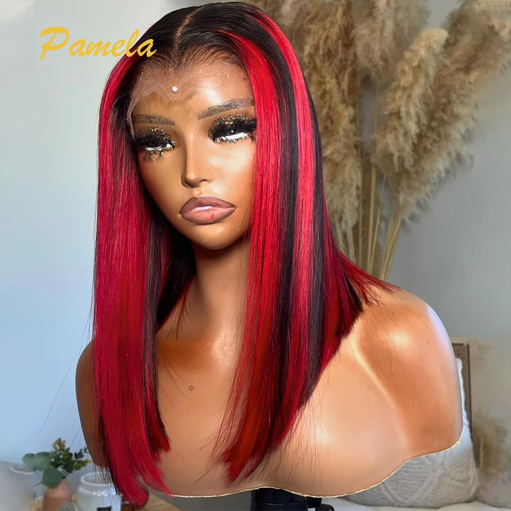 

Straight Wear and Go Glueless Human Hair Wigs 250% Density Ombre 1B Red Colored 13x4 HD Transparent Lace Frontal Wigs For Women