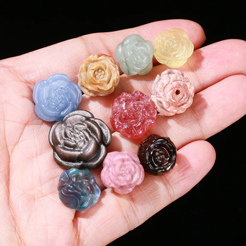 1 Pc Natural Stone Amethyst Obsidian Pink Quartz Carved Rose Flower Shape Bead For Jewelry Making Diy Necklace Bracelet Finding