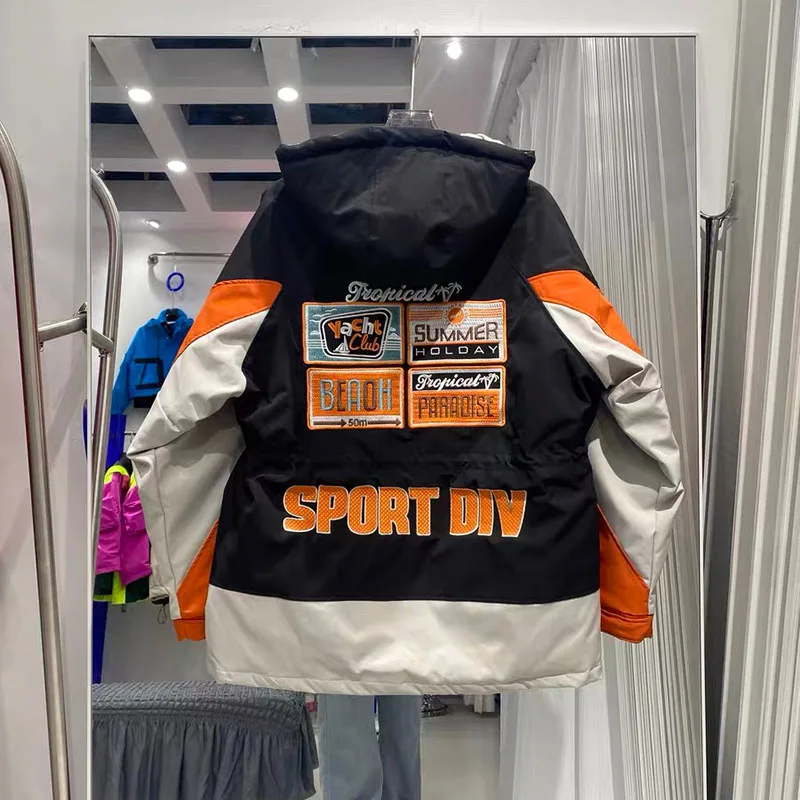 Unisex couple's winter down jacket trendy embroidery letter splicing contrasting color drawstring waist cinching jacket