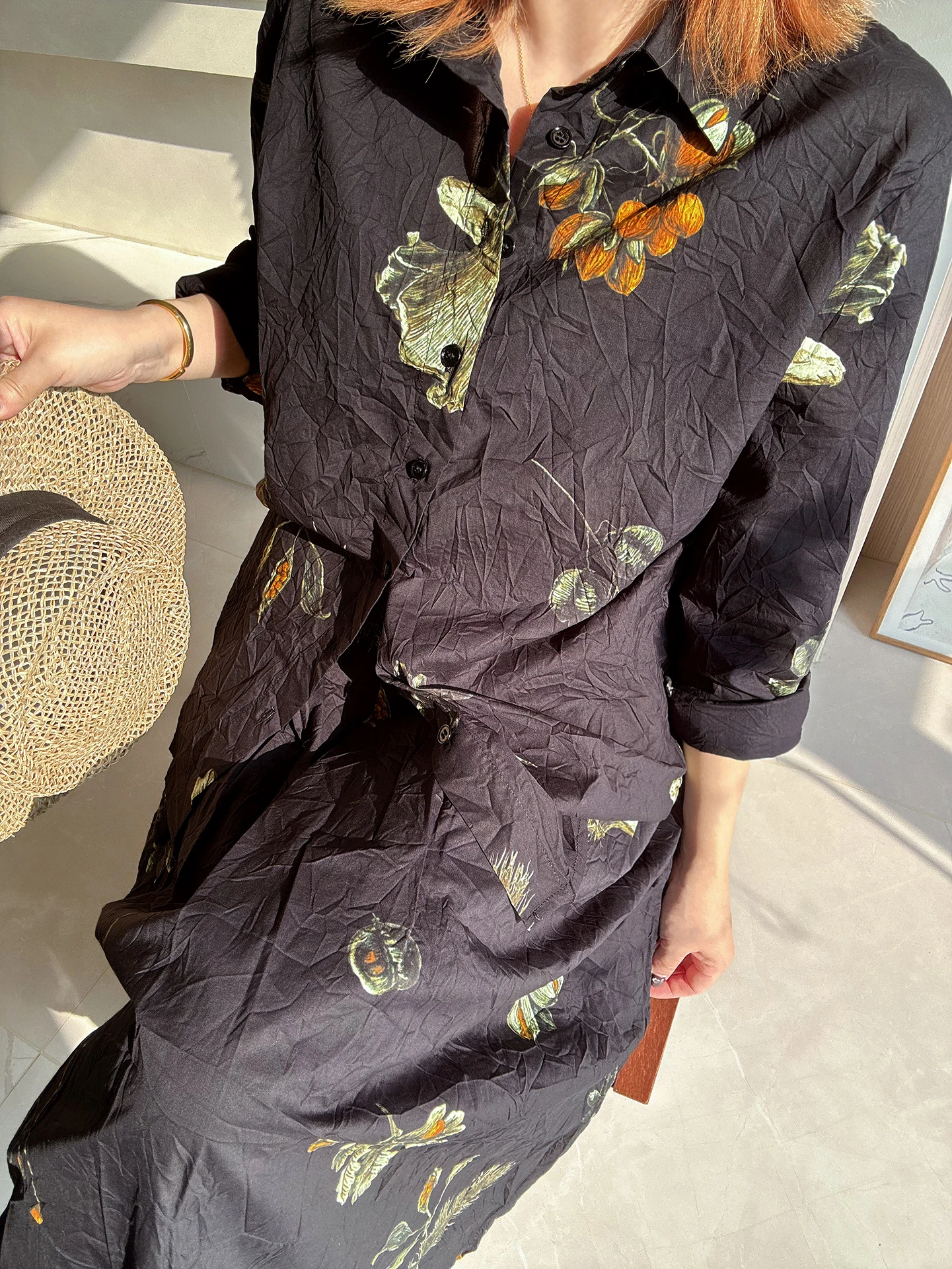 

Ретро-японская женская блузка свободного кроя с длинным рукавом, растительным принтом и плиссированным воротником из хлопка, устойчивого к высоким температурам