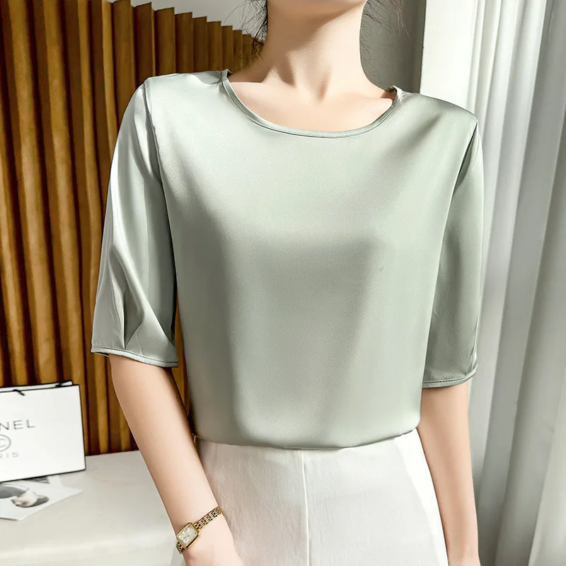 2026 Summer New Fashion Simulation Silk Short-sleeved Satin T-Shirt with Crew Neck T-shirt Women's Half Sleeve Bottoming Top