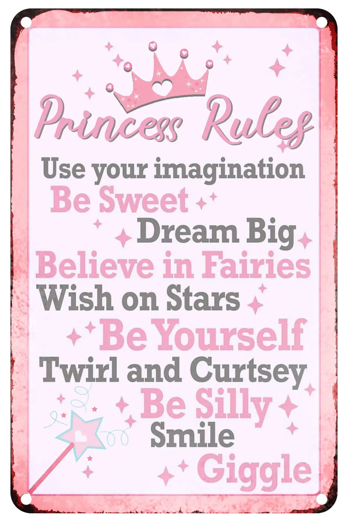 Princess Decor, Princess Rules Metal Aluminum Novelty Tin Sign Decor Metal Tin Sign Wall Décor Funny Tin Sign Wall Sign Wall Pos