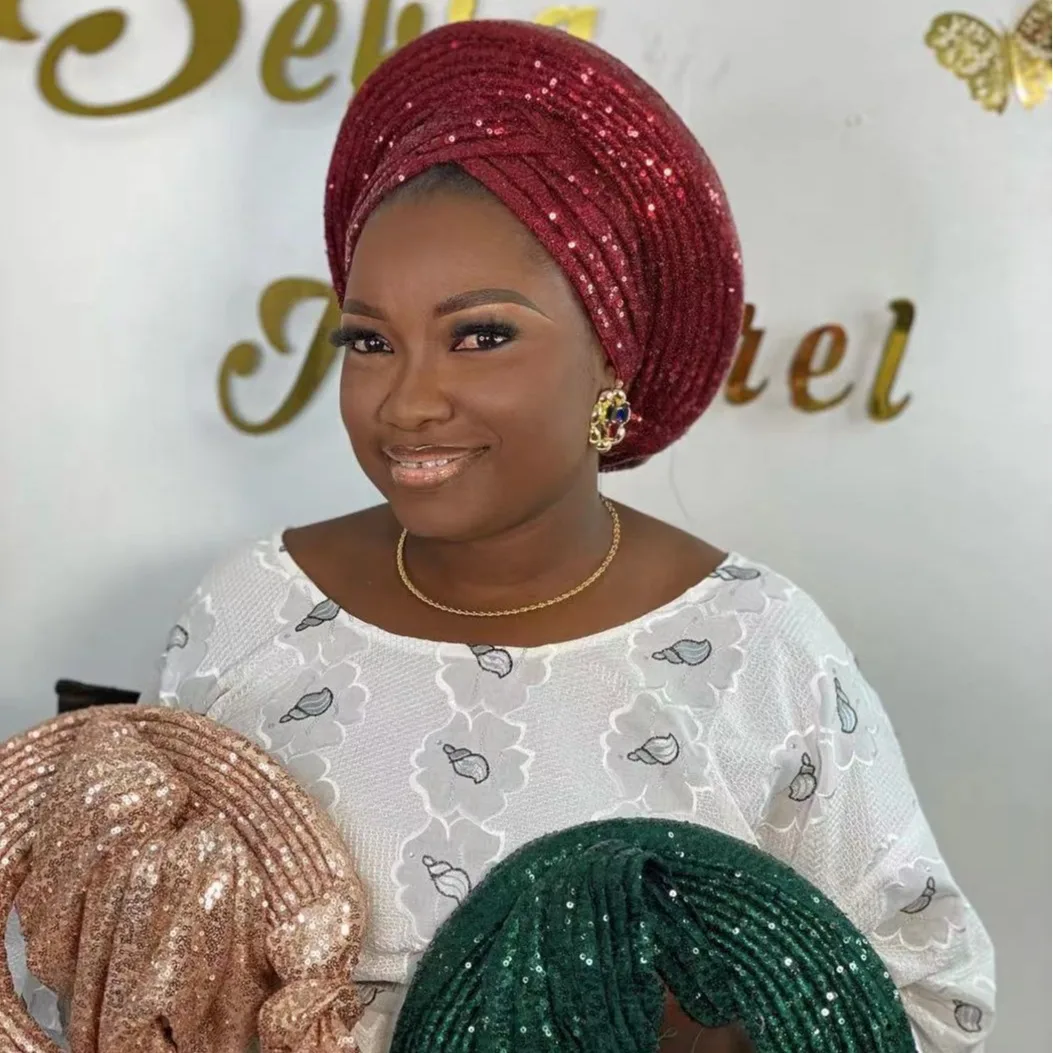 African Auto Gele Already Handmade Heatie Sequins Head Wraps for Women Nigeria Wedding Geles Shining Headgear Turban Cap