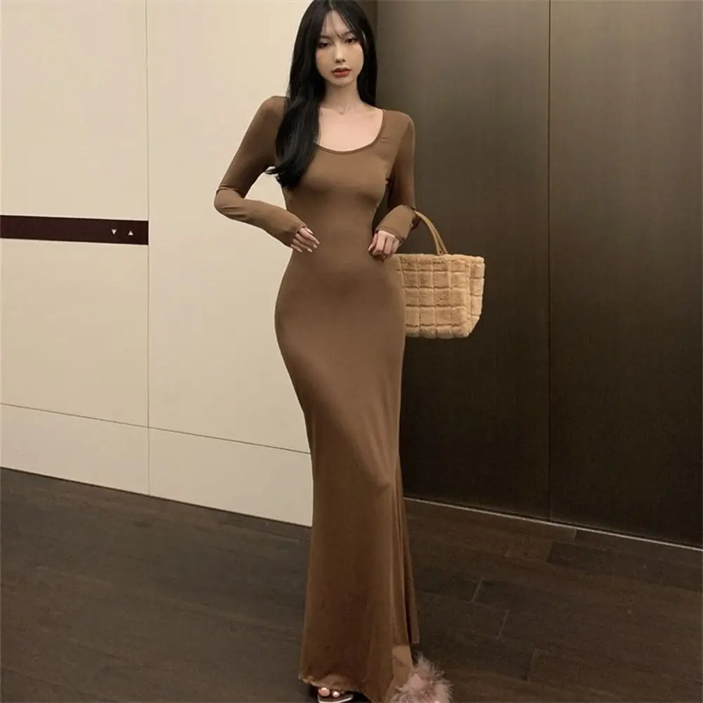 Square Neck Long Sleeve Bodycon Dress Tight Sexy Long Sleeve Slim Fishtail Dress Solid Long Sleeve Elegant Dress Birthday Outfit