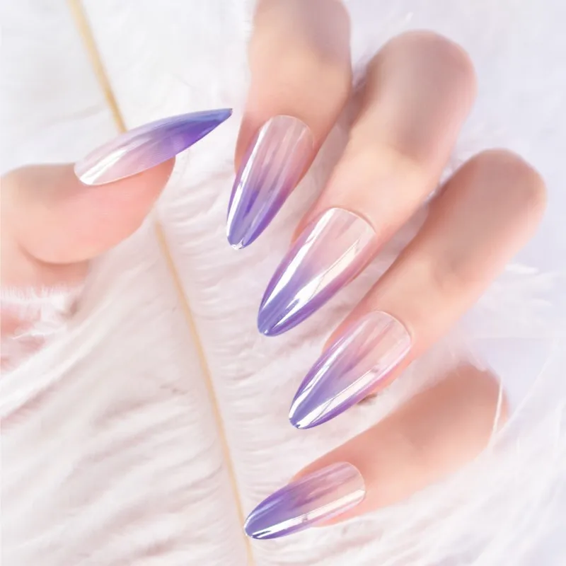 Faux ongles de longueur moyenne, violet brillant, couleur chair ombré, n64, nail art, couleur amande chromée, magnifique nickel é, couverture complète