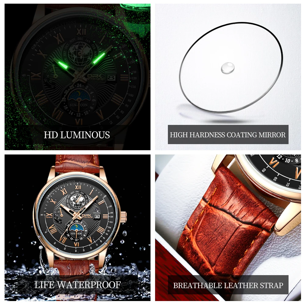 Opk-メンズ防水時計、ブランドストラップ、ナイトライト、8153