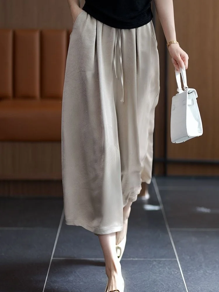 Women's Summer Casual High Waist Wide Leg Ice Silk Skirt Pants Draping Slimming Thin Style Fashionable Nature Waist Eighteen ...