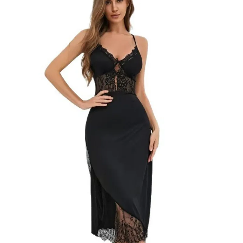 

Flirty Sexy Lingerie Nightdress Lace Satin Cami Nightdress Purple Sexy Leisure Long Dress Pajamas For Women KIPB
