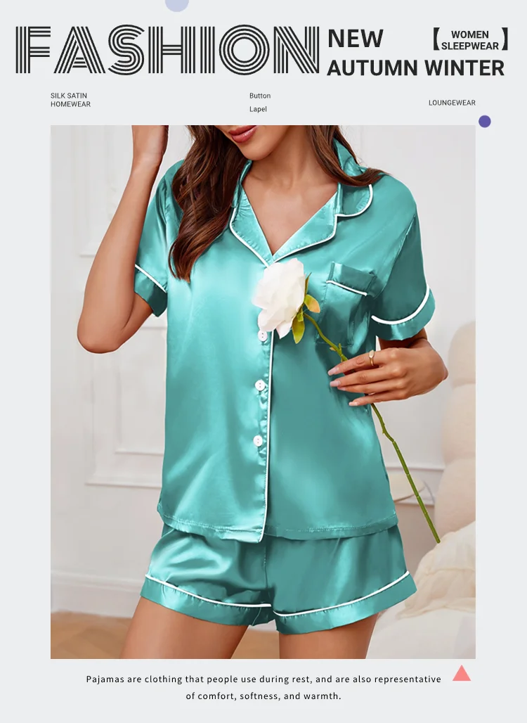 Luxuriöser Satin-Pyjama für Damen, Umlegekragen, Knopfleiste und Shorts, Nachtwäsche und Loungewear für den Sommer, Heimkleidungsanzug – Detail 1