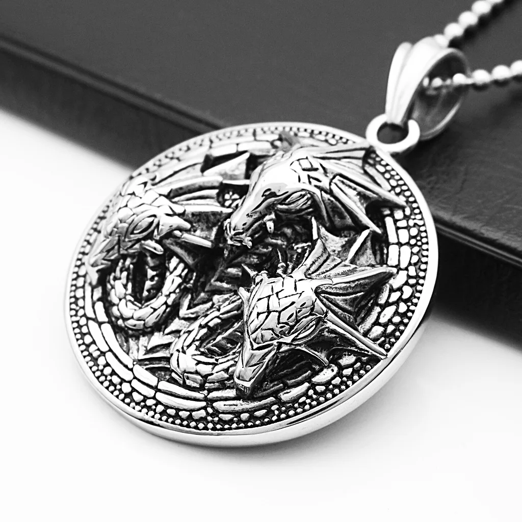 Rock and Roll Personalized Die-cast Three-dimensional Three Head Men's Pendant Circular Stainless Steel Necklace