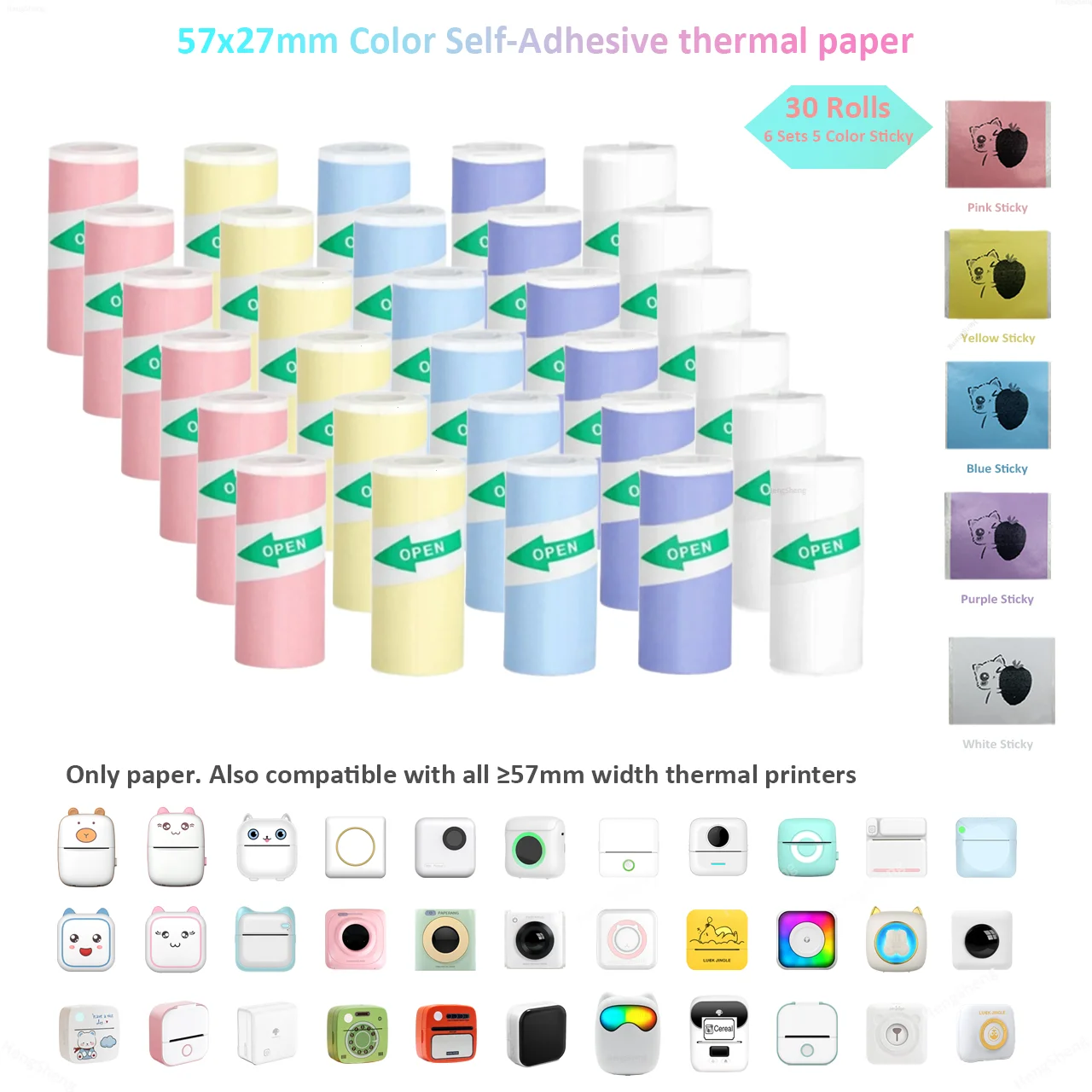 Eco-Friendly 5-Color Thermal Paper 57x25mm - Self-Adhesive, Kid-Safe, for Portable Printers/Labels