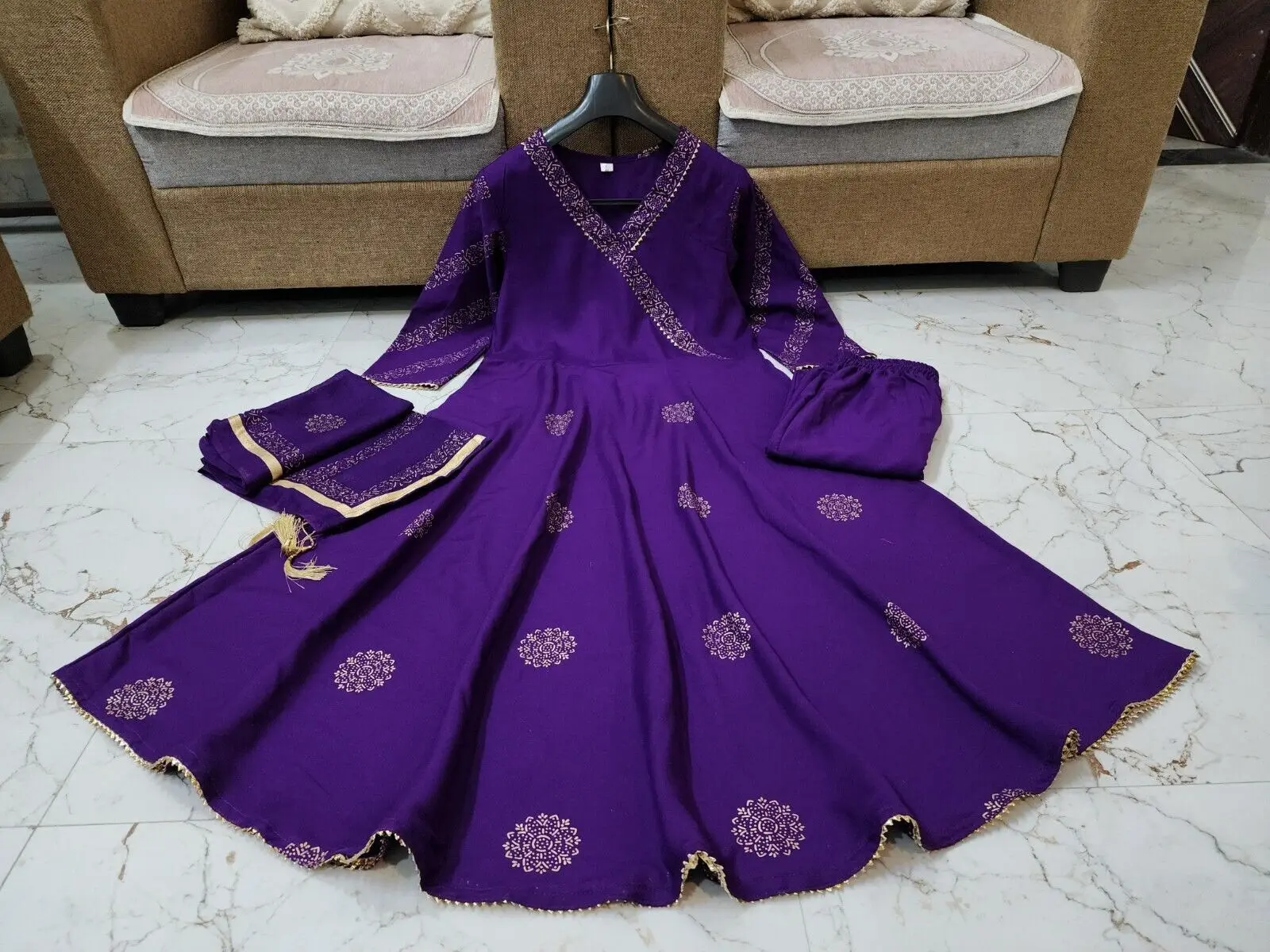 Anarkali Jurk Kurti Pant Dupatta Indian Bollywood Ontwerper Gedrukt Salwar Kameez