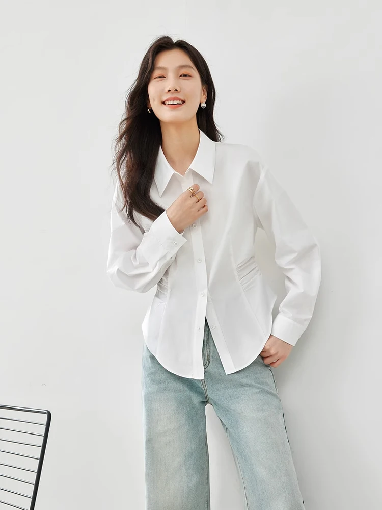 Vimly Cotton 100% White Shirt Woman French Style Elegant Waist Shirts & Blouses 2024 Spring Lapel Casual Long Sleeve Top M5826