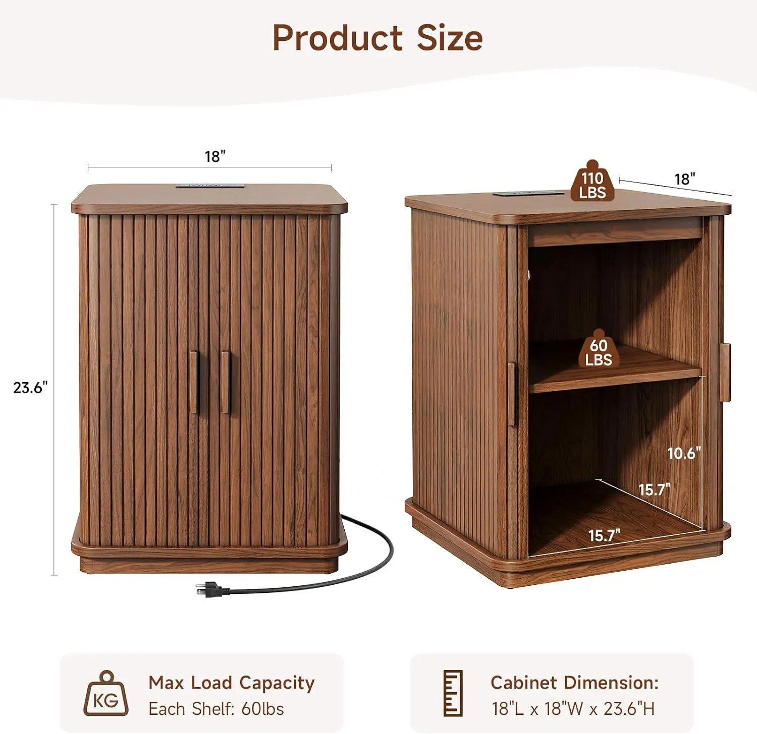 ONBRILL USB Charging Nightstand, Fluted Storage End Table with Sliding Door & Power Outlet | Mid-Century Modern Bedside Table for Small Spaces, Bedroom, Living Room (Walnut)