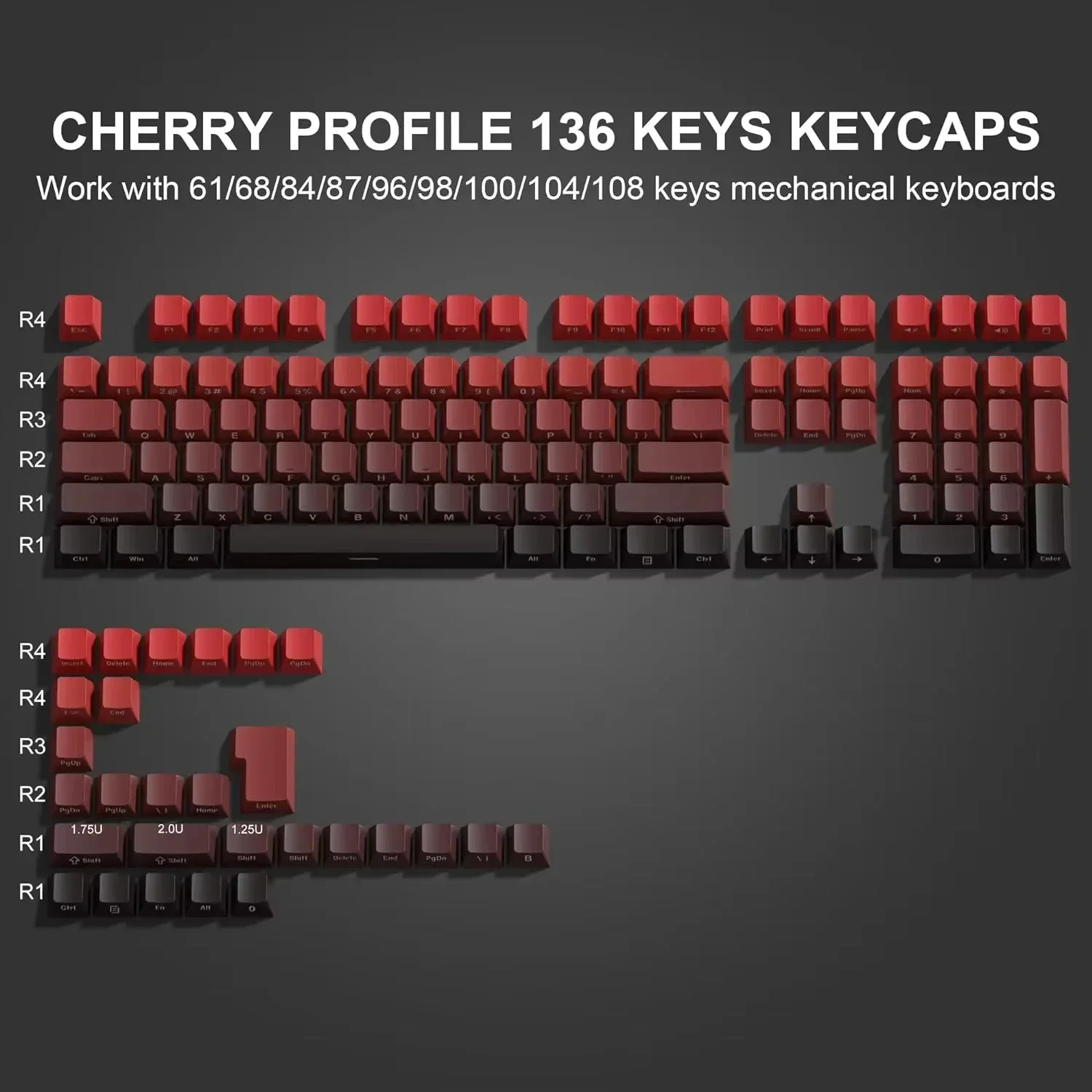 Gradient Red Cherry Profile  Side Print Shine Through Keycaps Double Shot PBT Keycaps for MX Switches Mechanical Gaming Keyboard