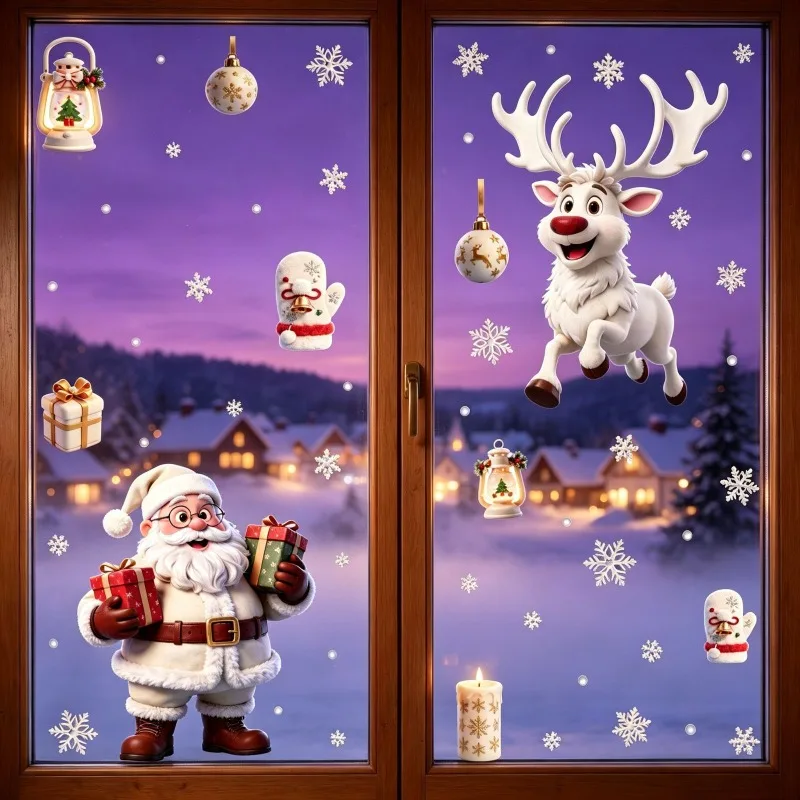 Festive Christmas Static Window Decals Santa Reindeer Snow House Waterproof Glass Stickers Store Window Holiday Party  Decor