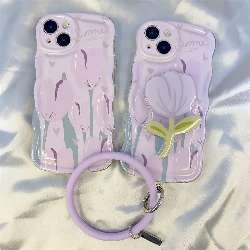 

Чехол для телефона для iPhone 15, 14, 13, 12, 11, 8, 7 X XS XR Pro Max Plus INS, фиолетовый тюльпан с принтом, прозрачный защитный чехол с браслетом-держателем