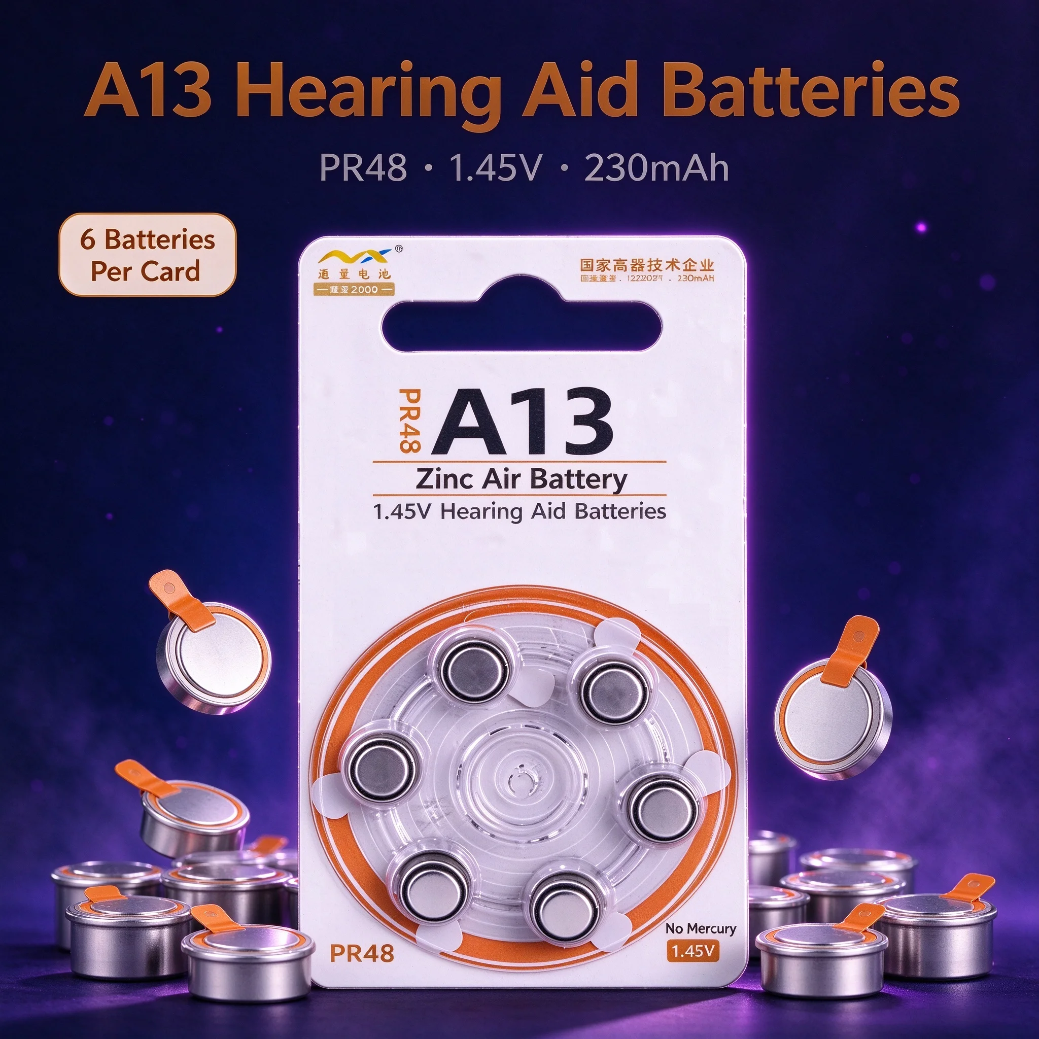 A13 Hearing Aid Batteries PR48 1.45V 230mAh Zinc Air Button Cells, 6 Pack, Mercury Free, Long Life Power