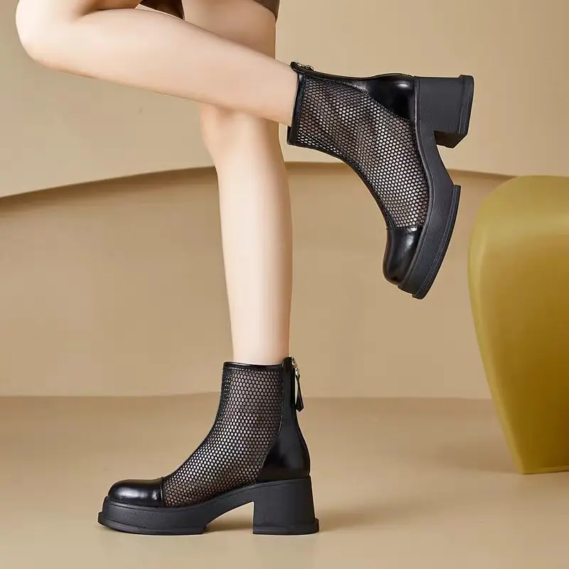 

Women Mesh Leather Block Heel High Top Cool Boots Spring Summer New Thick Sole Round Toe Breathable High Heel Casual Ankle Boots