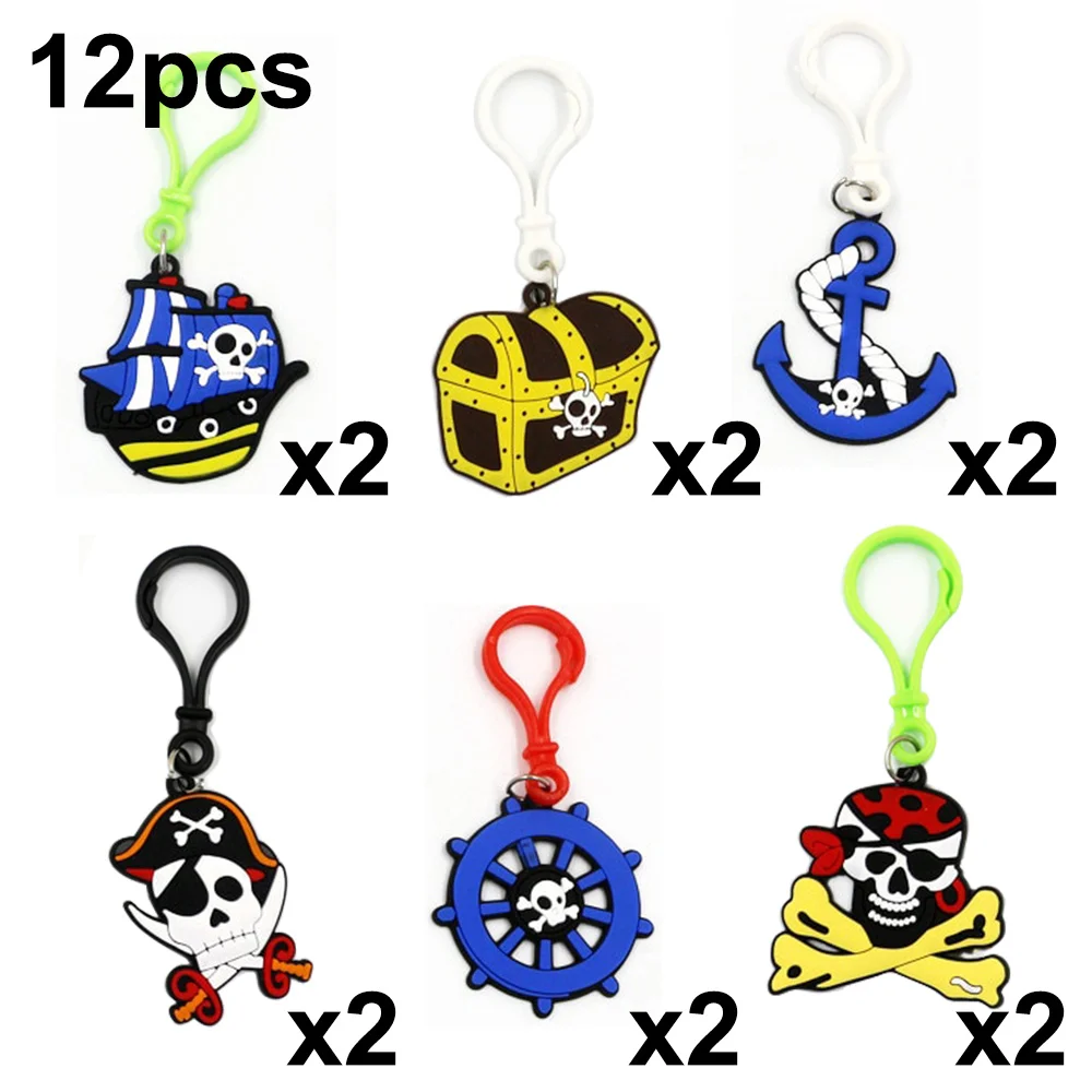 12Pcs Pirate Party Supplies Key Chain Rubber Rings Kids Girls Boys Children Birthday Bag Fillers Toys Halloween Favor Decor