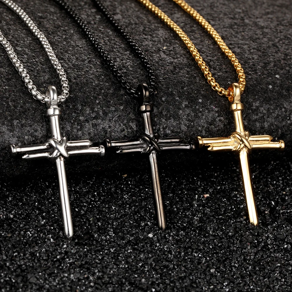 Punk Men Stainless Steel Cross Nail Necklace Vintage Jesus Christ Couple Charm Pendant Necklace Christian Jewelry Gift