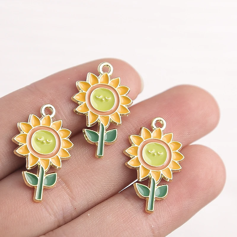 10pcs/lot Colorful Enamel Flower Charms for Jewelry Making Alloy Plant Tree Sunflower Charms Pendants for DIY Necklaces Earrings