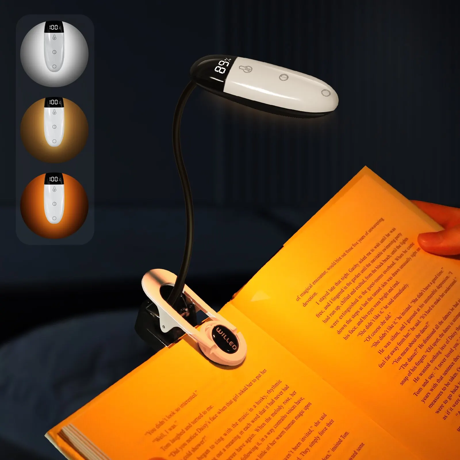 3 Colors 5 Brightness Displays Battery Power Rechargeable Mini LED Reading Light Flexible Easy Clip Night Reading Lamp in Bed