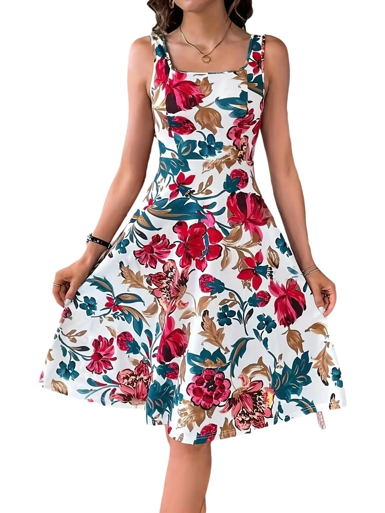 Party Women Floral printed Knee Length Sleeveless Square Neck Summer A-Line Suspender Dress