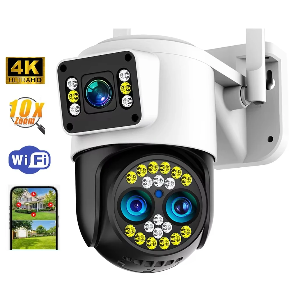 8MP 10X Zoom WiFi Security Camera Outdoor, 3 Lens 2 Screen Two-Way Audio,Motion Detection Wireless Security IP Camera