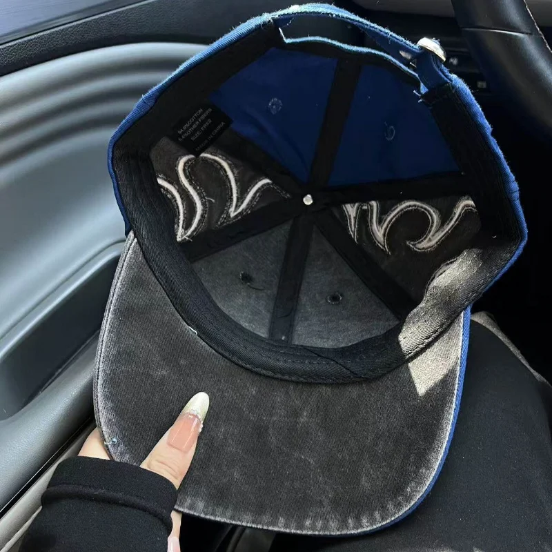 Retro American Street Baseball Cap Men's Flame Contrasting Splicing Washed Embroidered Sun Hat Duckbill Cap Trendy Women's Hat