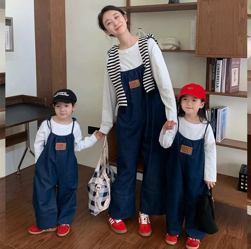 

Mother and Son Matching Denim Overalls Mom Daughter Girl Clothes Funny Mummy and Me Same Suspender Jumpsuit Korea Children Jeans