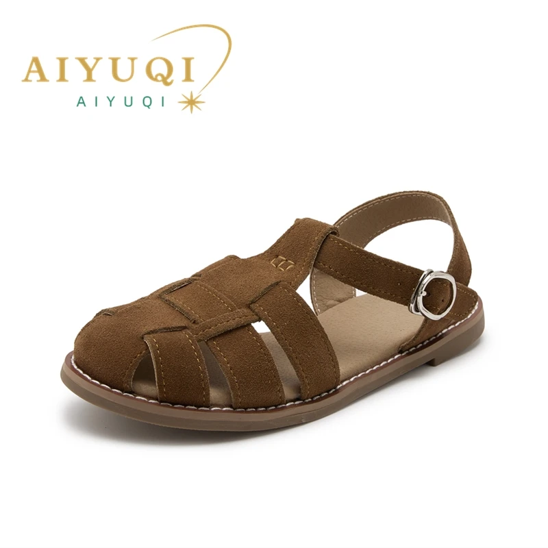 AIYUQI Flat-soled Retro Genuine Leather Hollow Baotou Sandals Women\'s 2024 New Hollow Pig Cage Women\'s Sandals