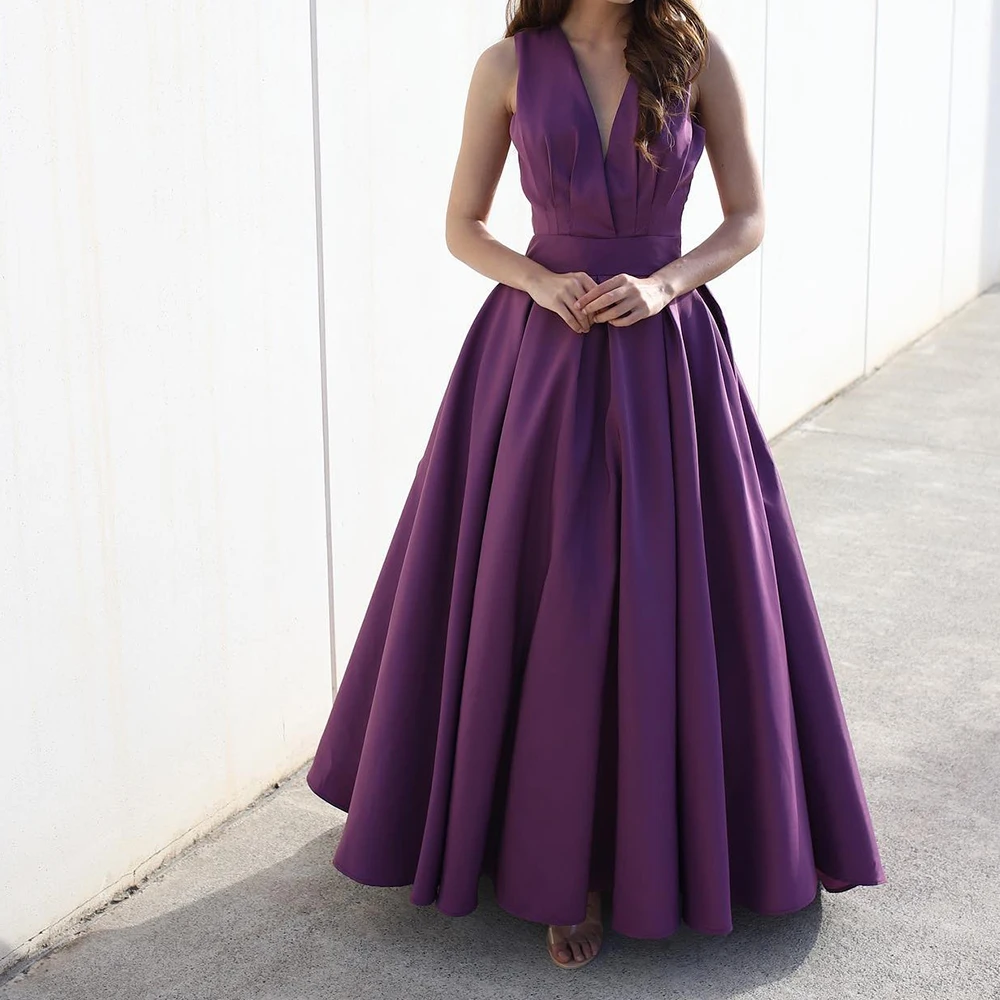 

Customized Classic V-Neck Spaghetti Straps Panel Train Evening Dress Graceful Satin Pleats Purple Party Gown vestidos de fiesta