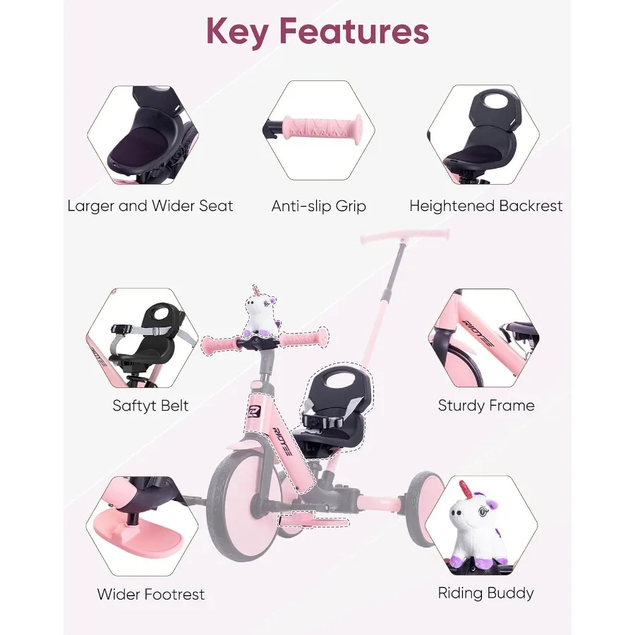 5-in-1幼児用三輪車（1.5歳～3歳向け）親用ステアリングプッシュトライク、工具不要でバランスバイクに変換可能、安全ベルト取り外し可能B