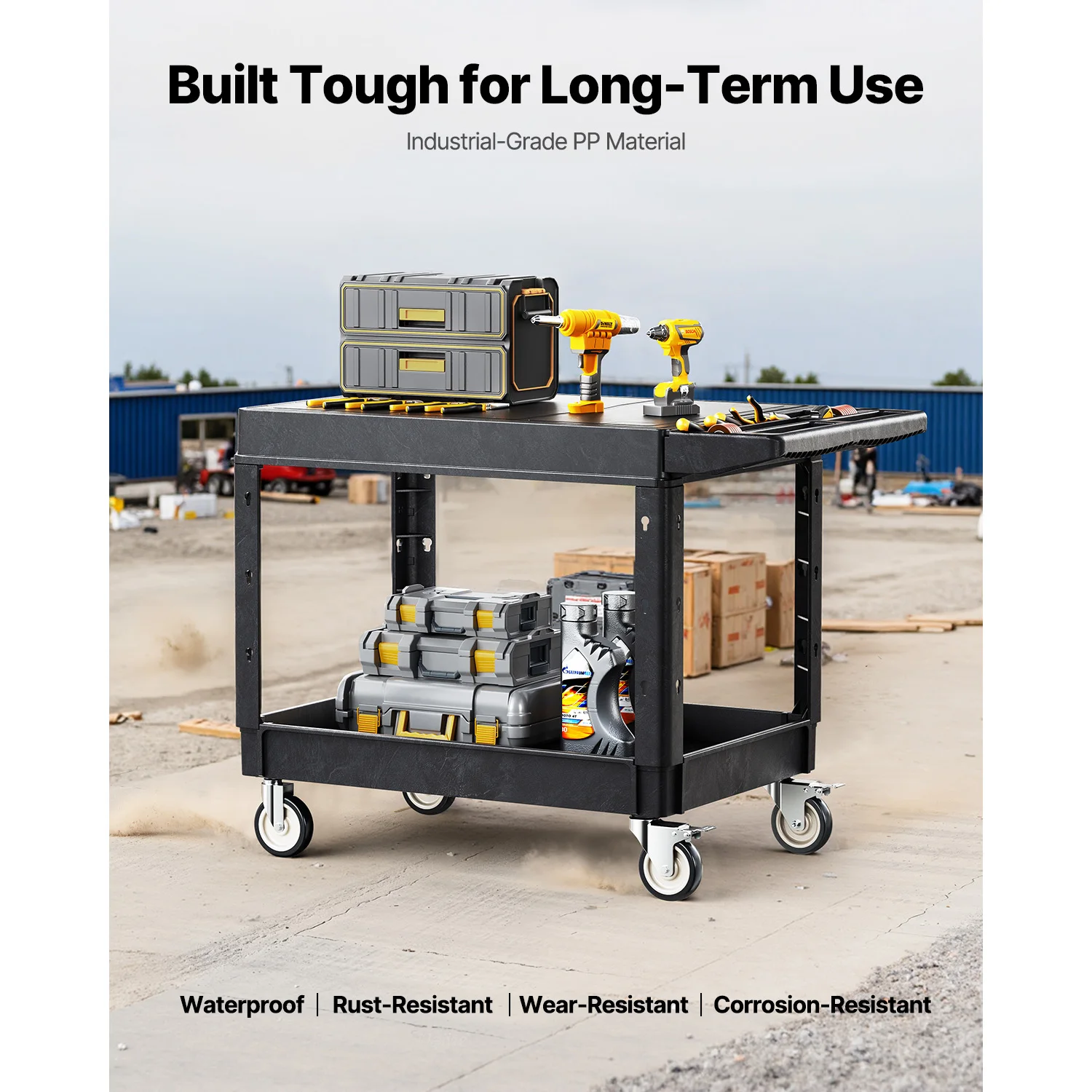 عربة خدمة المرافق SucceBuy بوزن 550 رطل، عربة دوللي يدوية بلاستيكية ذات رفين مع 360 درجة °   عجلات دوارة لتنظيف جراج المستودعات