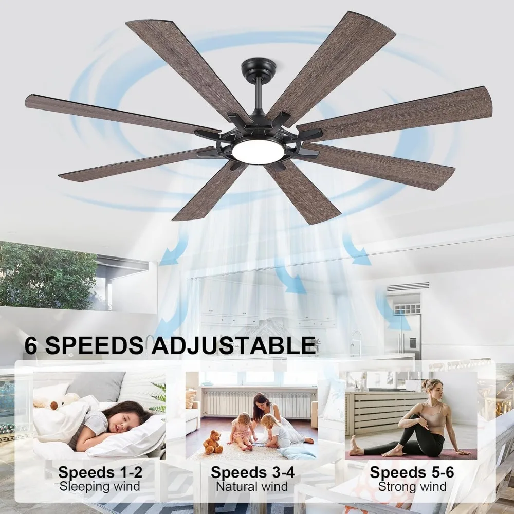 72inch Large Ceiling Fan with Light and Remote, Indoor/Outdoor Black Fan Lights for Patios, Led Living Room Modern Ceiling Fan