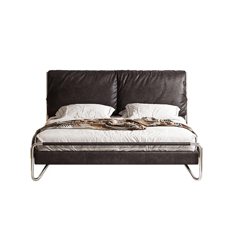 

French retro leather bed black master bedroom soft bag double bed