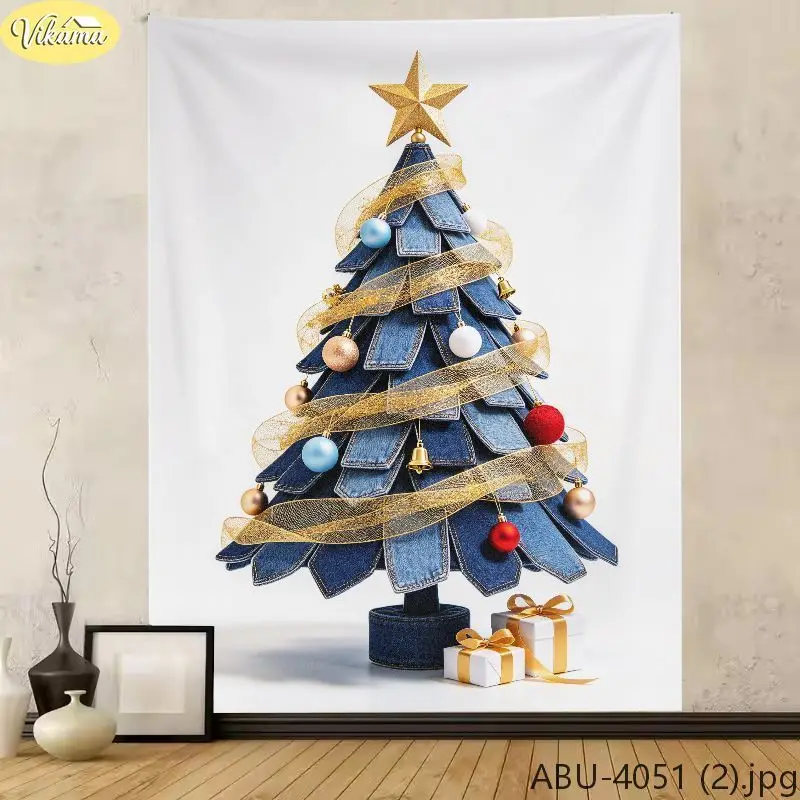 VIKAMA Denim Patchwork Christmas Tree Tapestry, Wall Hanging for Bedrooms and Living Rooms, Festive Christmas Home Decor