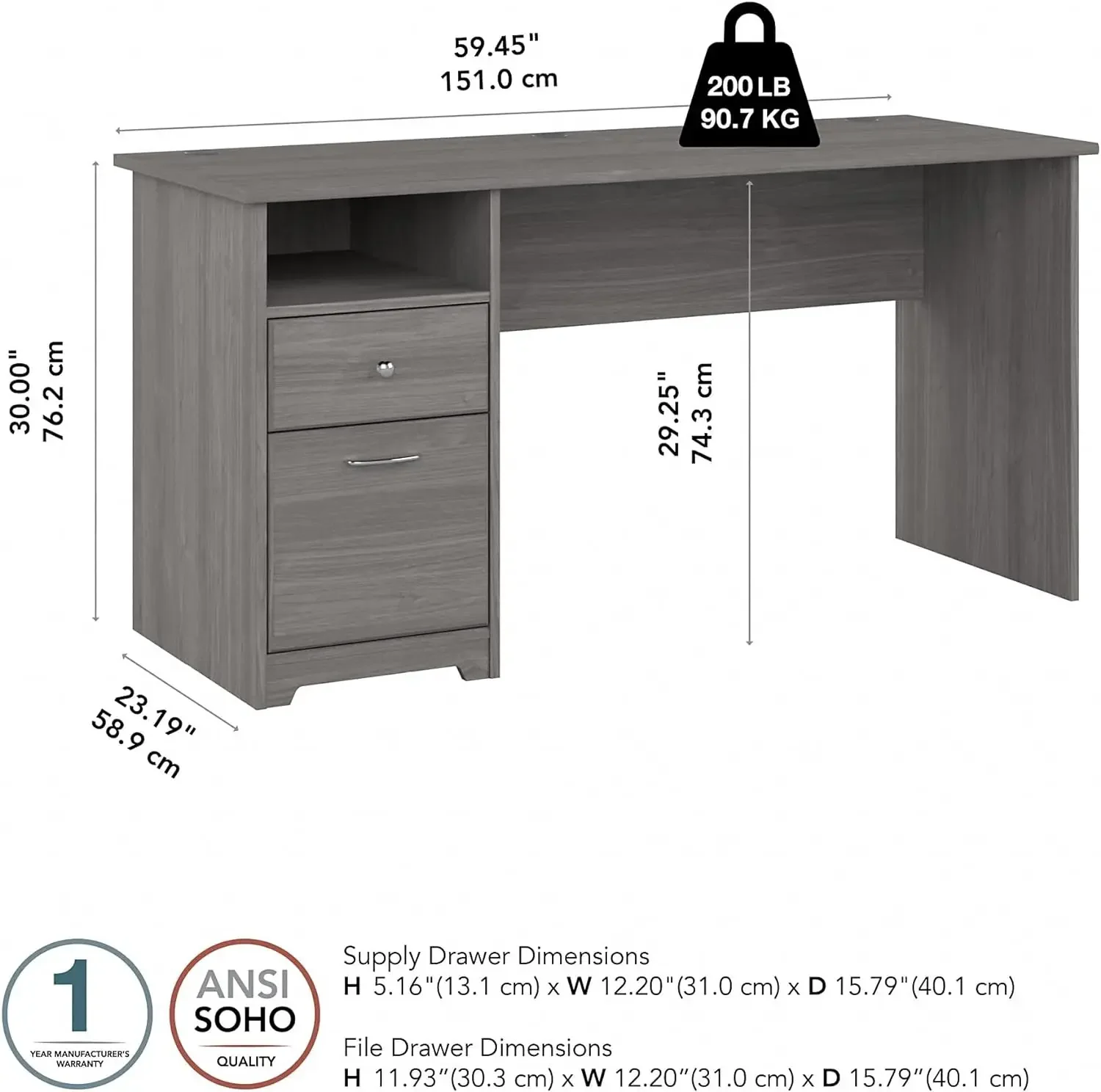 홈 오피스용 캐봇 책상, 보관 및 크롬 하드웨어 포함, 우아한 서랍 컴퓨터 테이블, 60W, 모던 그레이